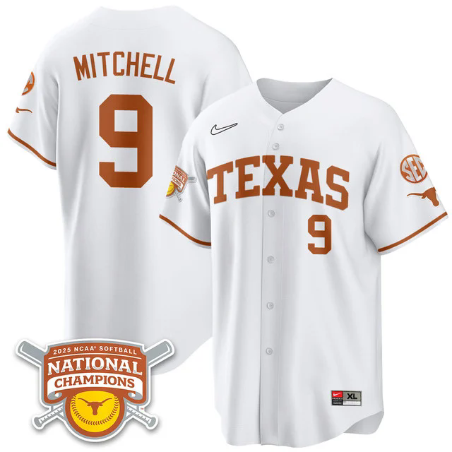 Men's Size - Texas Longhorns Softball 2025 World Series Champions Limited Jersey white #9 joley mitchell.webp