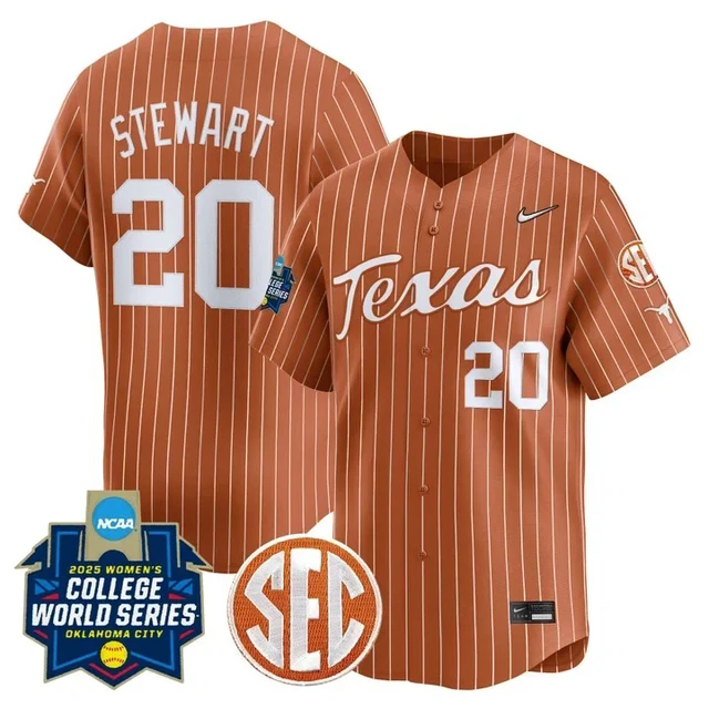 Men's Size - Texas Longhorns Softball 2025 World Series Jersey orange pinstripe #20 katie stewart.webp