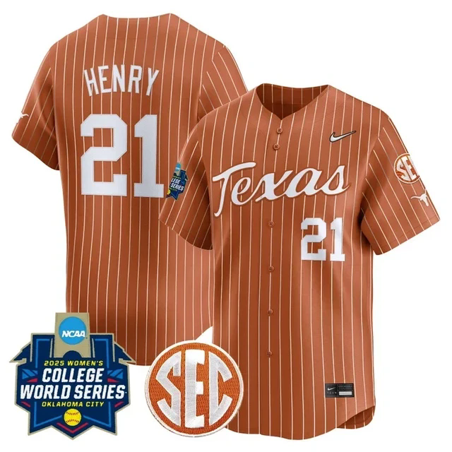 Men's Size - Texas Longhorns Softball 2025 World Series Jersey orange pinstripe #21 kayden henry.webp