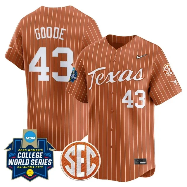 Men's Size - Texas Longhorns Softball 2025 World Series Jersey orange pinstripe #43 leighann goode.webp