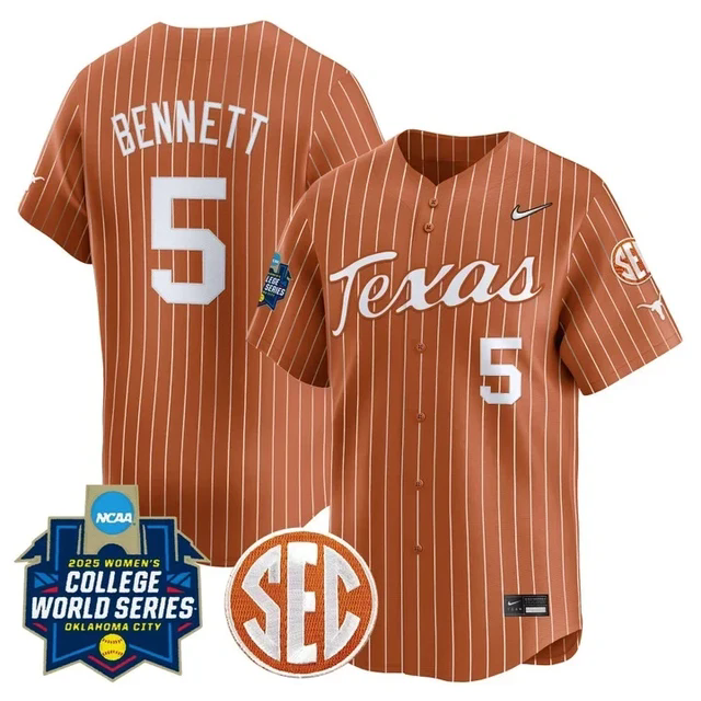 Men's Size - Texas Longhorns Softball 2025 World Series Jersey orange pinstripe #5 kaydee bennett.webp