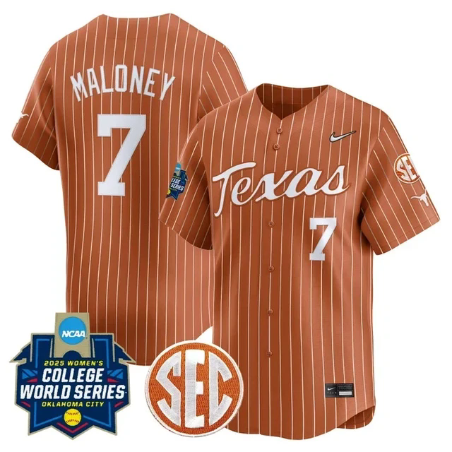 Men's Size - Texas Longhorns Softball 2025 World Series Jersey orange pinstripe #7 ashton maloney.webp