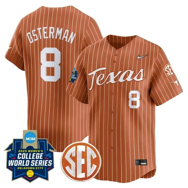 Men's Size - Texas Longhorns Softball 2025 World Series Jersey orange pinstripe #8 cat osterman.webp