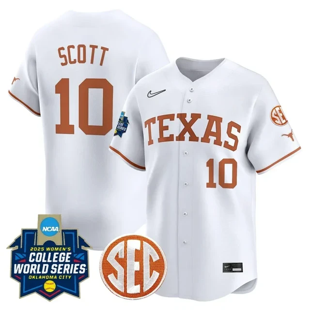 Men's Size - Texas Longhorns Softball 2025 World Series Jersey white #10 mia scott.webp