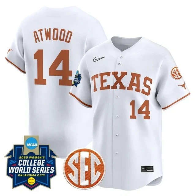 Men's Size - Texas Longhorns Softball 2025 World Series Jersey white #14 reese atwood.webp