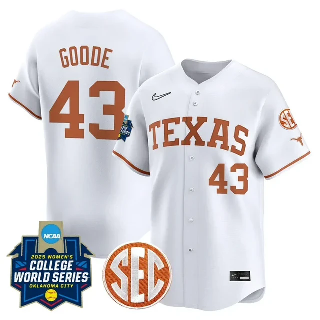 Men's Size - Texas Longhorns Softball 2025 World Series Jersey white #43 leighann goode.webp