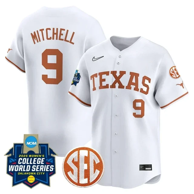 Men's Size - Texas Longhorns Softball 2025 World Series Jersey white #9 joley mitchell.webp