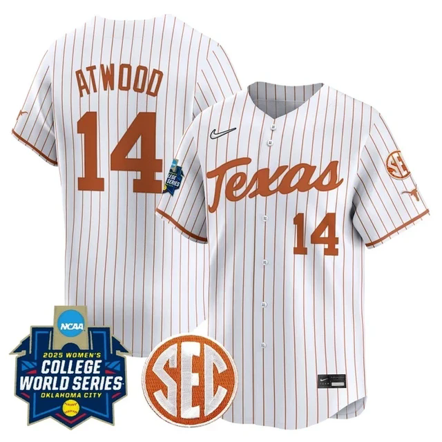 Men's Size - Texas Longhorns Softball 2025 World Series Jersey white pinstripe #14 reese atwood.webp