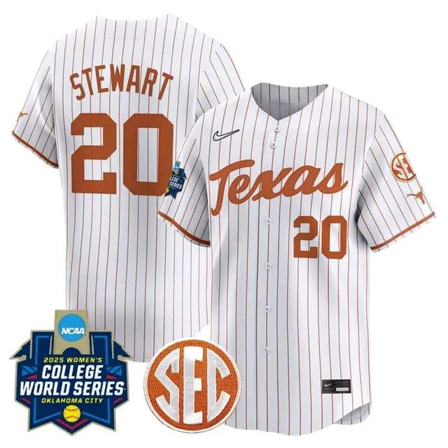 Men's Size - Texas Longhorns Softball 2025 World Series Jersey white pinstripe #20 katie stewart.webp