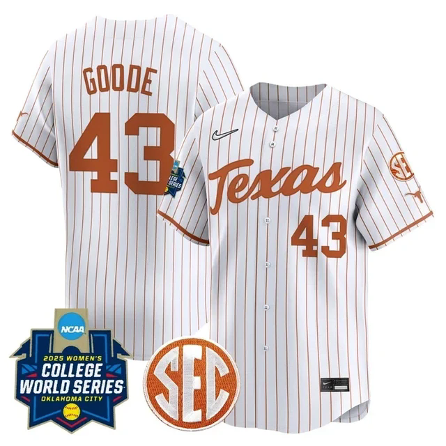 Men's Size - Texas Longhorns Softball 2025 World Series Jersey white pinstripe #43 leighann goode.webp