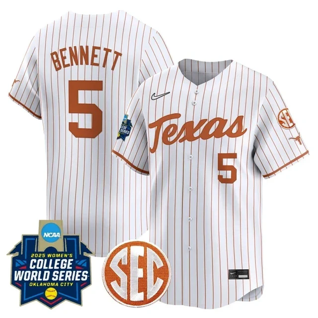 Men's Size - Texas Longhorns Softball 2025 World Series Jersey white pinstripe #5 kaydee bennett.webp