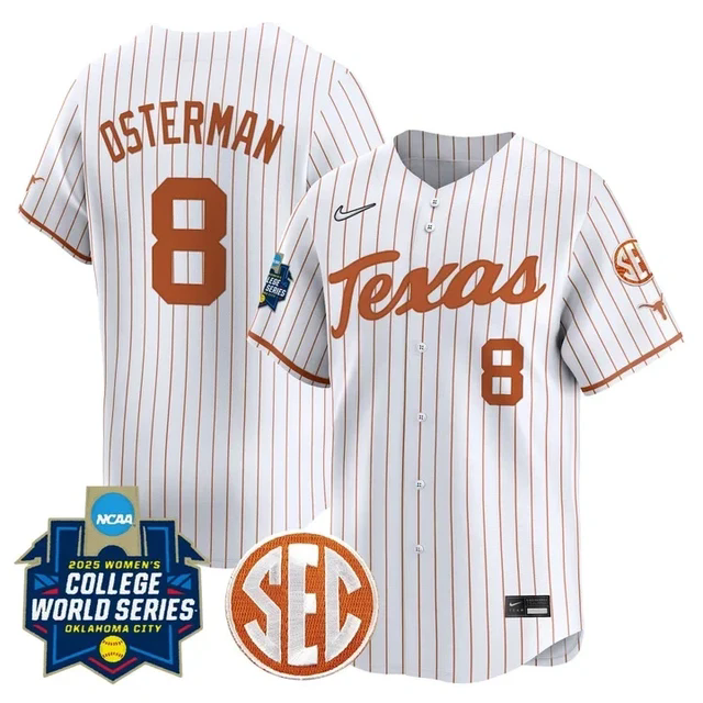 Men's Size - Texas Longhorns Softball 2025 World Series Jersey white pinstripe #8 cat osterman.webp