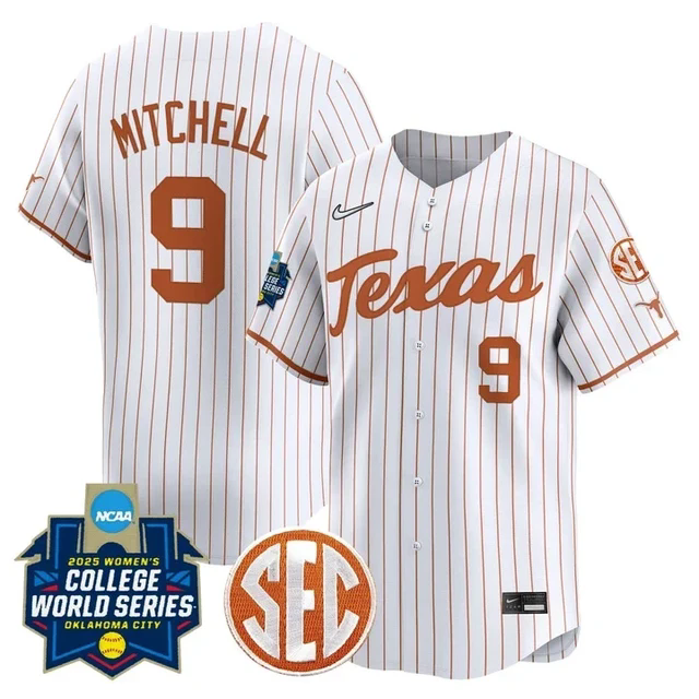 Men's Size - Texas Longhorns Softball 2025 World Series Jersey white pinstripe #9 joley mitchell.webp
