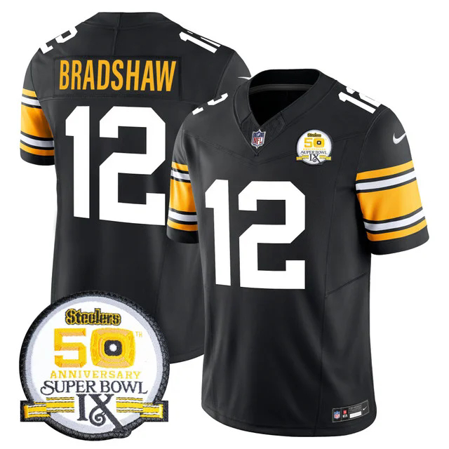 Men's Steelers 50th Anniversary Of Super Bowl IX Patch Vapor Limited Jersey 1975 #12 TERRY BRADSHAW.webp
