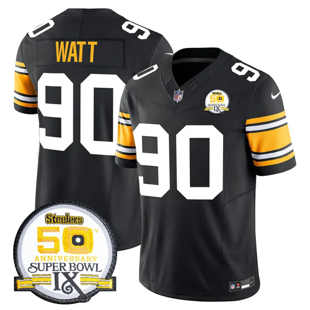 Men's Steelers 50th Anniversary Of Super Bowl IX Patch Vapor Limited Jersey 1975 #90 T.J.WATT.webp