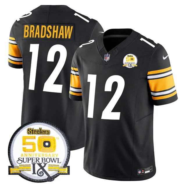 Men's Steelers 50th Anniversary Of Super Bowl IX Patch Vapor Limited Jersey BLACK #12 TERRY BRADSHAW.webp