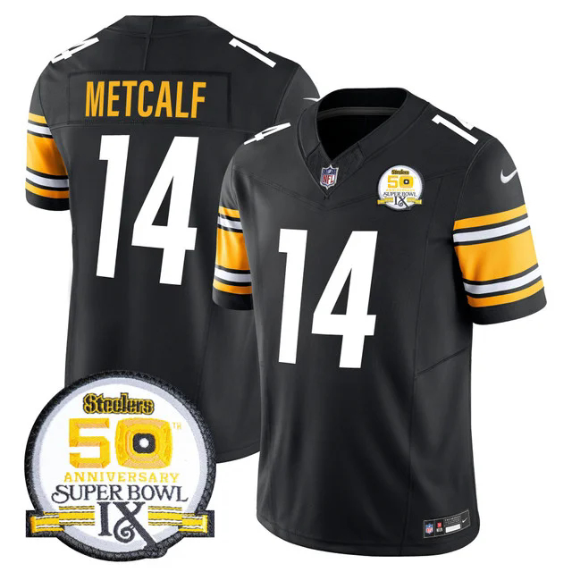 Men's Steelers 50th Anniversary Of Super Bowl IX Patch Vapor Limited Jersey BLACK #14 DK METCALF.webp