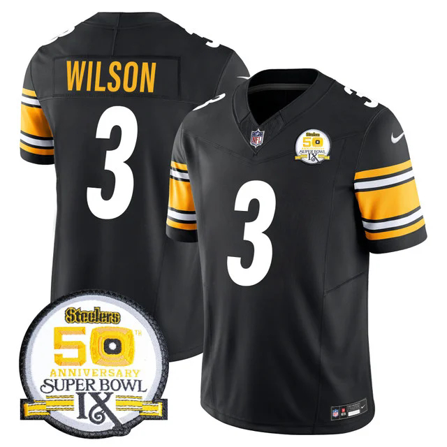 Men's Steelers 50th Anniversary Of Super Bowl IX Patch Vapor Limited Jersey BLACK #3 RUSSELL WILSON.webp