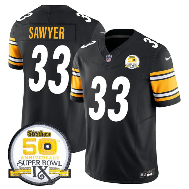 Men's Steelers 50th Anniversary Of Super Bowl IX Patch Vapor Limited Jersey BLACK #33 JACK SAWYER.webp