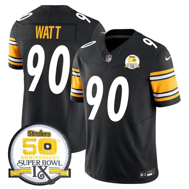 Men's Steelers 50th Anniversary Of Super Bowl IX Patch Vapor Limited Jersey BLACK #90 T.J. WATT.webp