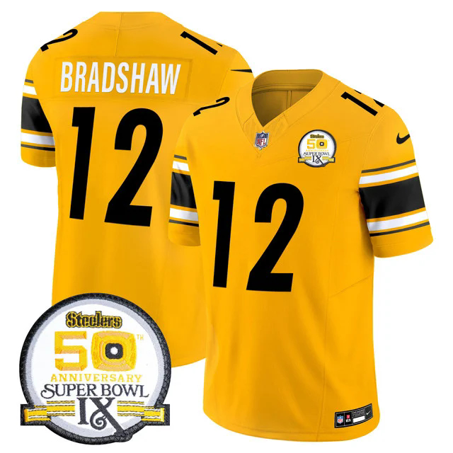 Men's Steelers 50th Anniversary Of Super Bowl IX Patch Vapor Limited Jersey GOLD #12 TERRY BRADSHAW.webp