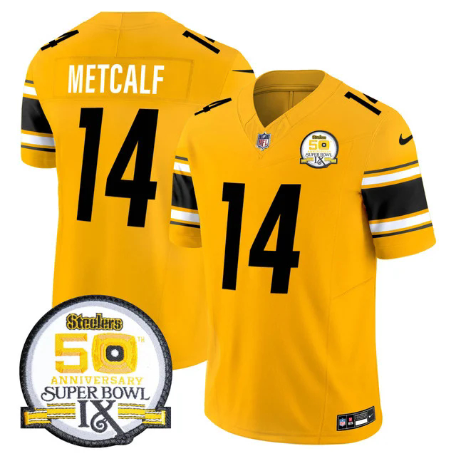Men's Steelers 50th Anniversary Of Super Bowl IX Patch Vapor Limited Jersey GOLD #14 DK METCALF.webp