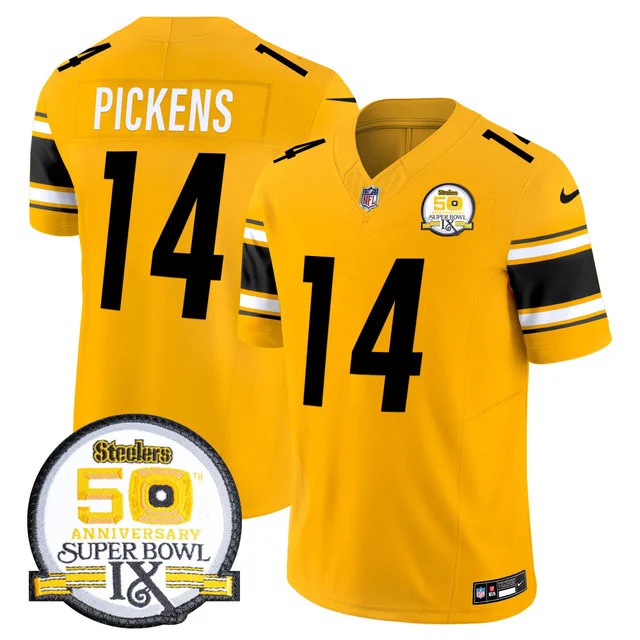 Men's Steelers 50th Anniversary Of Super Bowl IX Patch Vapor Limited Jersey GOLD #14 GEORGE PICKENS.webp