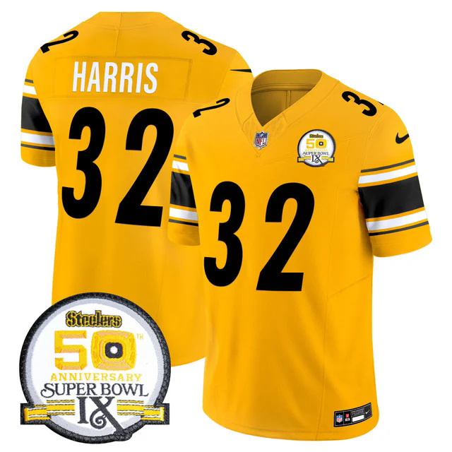 Men's Steelers 50th Anniversary Of Super Bowl IX Patch Vapor Limited Jersey GOLD #32 FRANCO HARRIS.webp