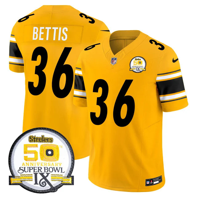 Men's Steelers 50th Anniversary Of Super Bowl IX Patch Vapor Limited Jersey GOLD #36 JEROME BETTIS.webp