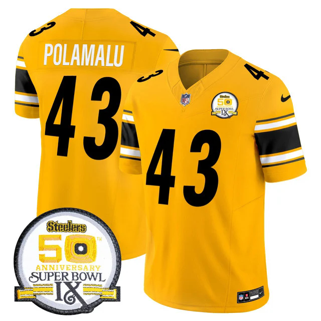 Men's Steelers 50th Anniversary Of Super Bowl IX Patch Vapor Limited Jersey GOLD #43 TROY POLAMALU.webp