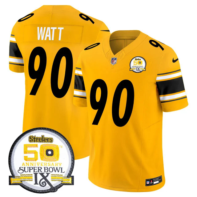 Men's Steelers 50th Anniversary Of Super Bowl IX Patch Vapor Limited Jersey GOLD #90 T.J. WATT.webp
