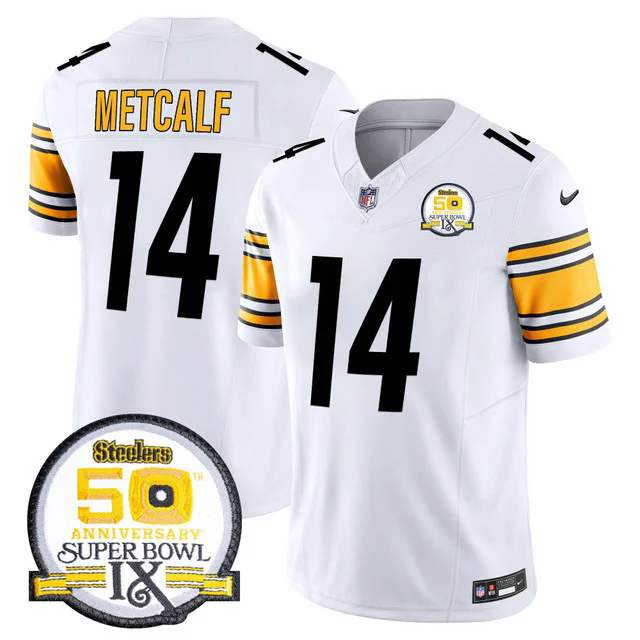 Men's Steelers 50th Anniversary Of Super Bowl IX Patch Vapor Limited Jersey WHITE #14 DK METCALF.webp