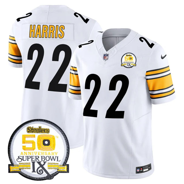 Men's Steelers 50th Anniversary Of Super Bowl IX Patch Vapor Limited Jersey WHITE #22 NAJEE HARRIS.webp