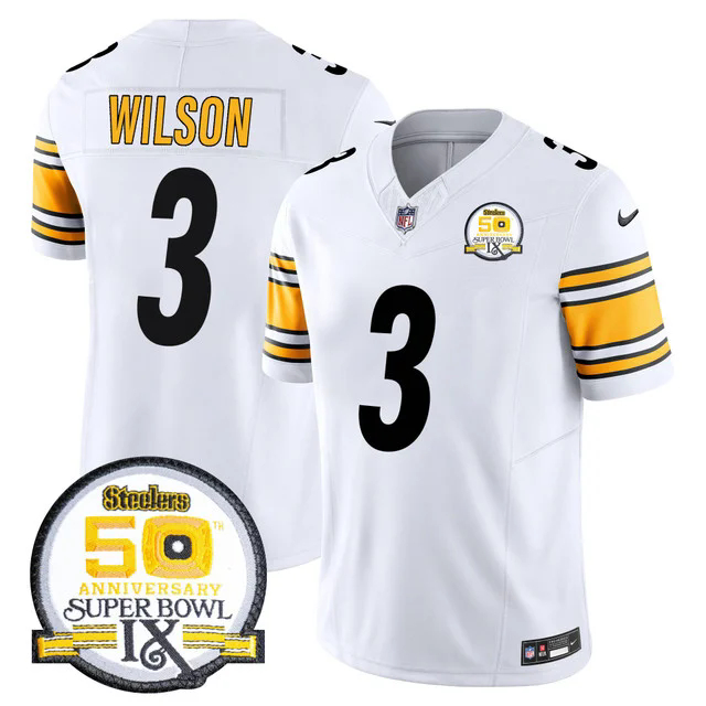 Men's Steelers 50th Anniversary Of Super Bowl IX Patch Vapor Limited Jersey WHITE #3 RUSSELL WILSON.webp