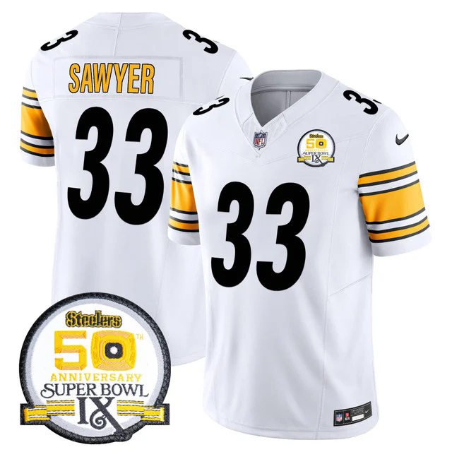 Men's Steelers 50th Anniversary Of Super Bowl IX Patch Vapor Limited Jersey WHITE #33 JACK SAWYER.webp