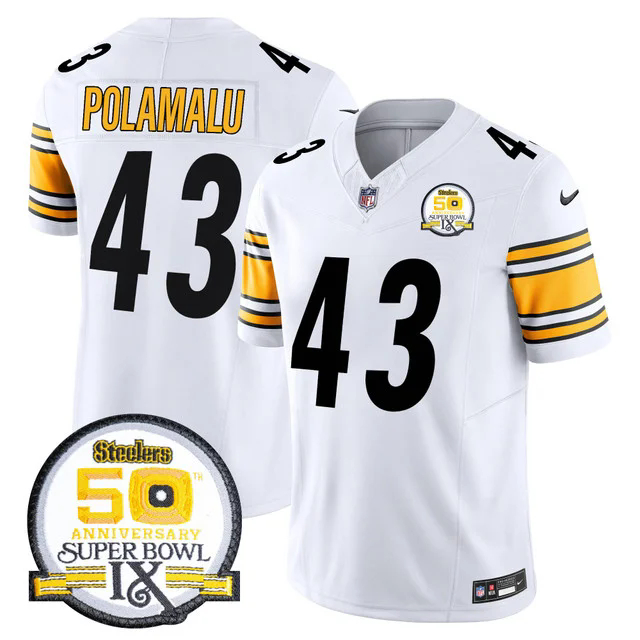 Men's Steelers 50th Anniversary Of Super Bowl IX Patch Vapor Limited Jersey WHITE #43 TROY POLAMALU.webp