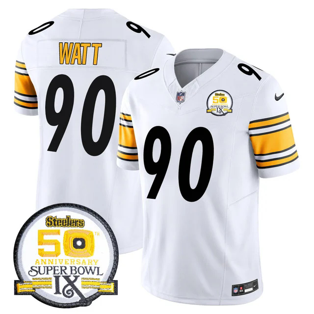 Men's Steelers 50th Anniversary Of Super Bowl IX Patch Vapor Limited Jersey WHITE #90 T.J. WATT.webp