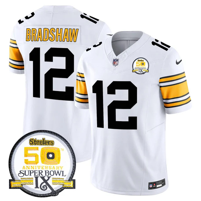 Men's Steelers 50th Anniversary Of Super Bowl IX Patch Vapor Limited Jersey WHITE 1975 #12 TERRY BRADSHAW.webp