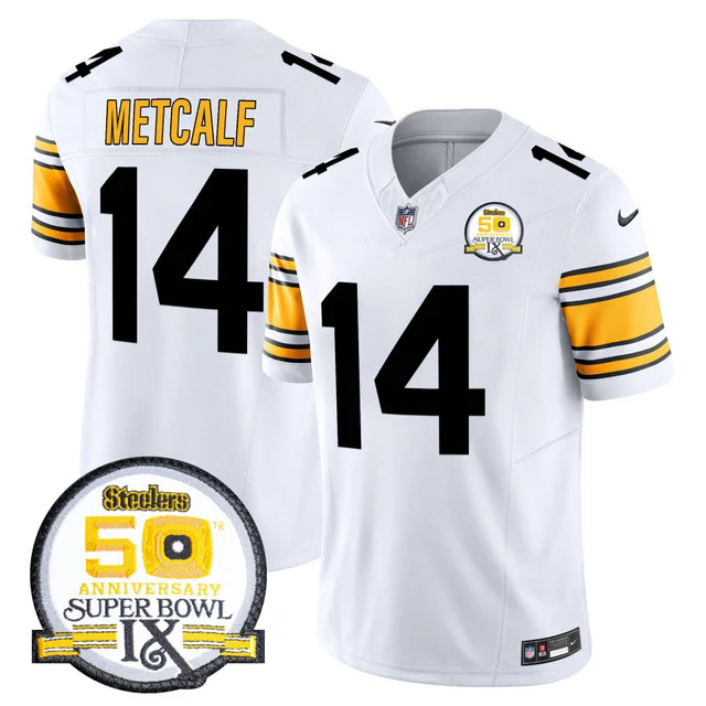 Men's Steelers 50th Anniversary Of Super Bowl IX Patch Vapor Limited Jersey WHITE 1975 #14 DK METCALF.webp