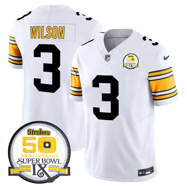 Men's Steelers 50th Anniversary Of Super Bowl IX Patch Vapor Limited Jersey WHITE 1975 #3 RUSSELL WILSON.webp
