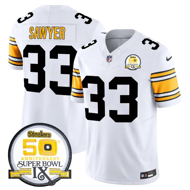 Men's Steelers 50th Anniversary Of Super Bowl IX Patch Vapor Limited Jersey WHITE 1975 #33 JACK SAWYER.webp