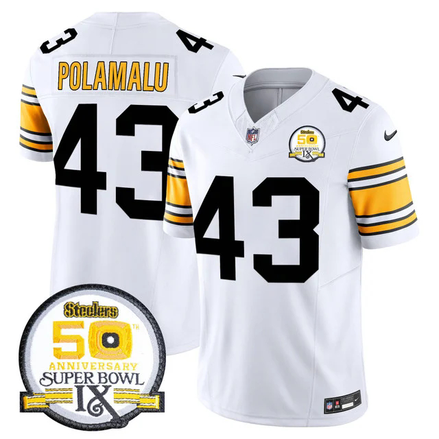 Men's Steelers 50th Anniversary Of Super Bowl IX Patch Vapor Limited Jersey WHITE 1975 #43 TROY POLAMALU.webp