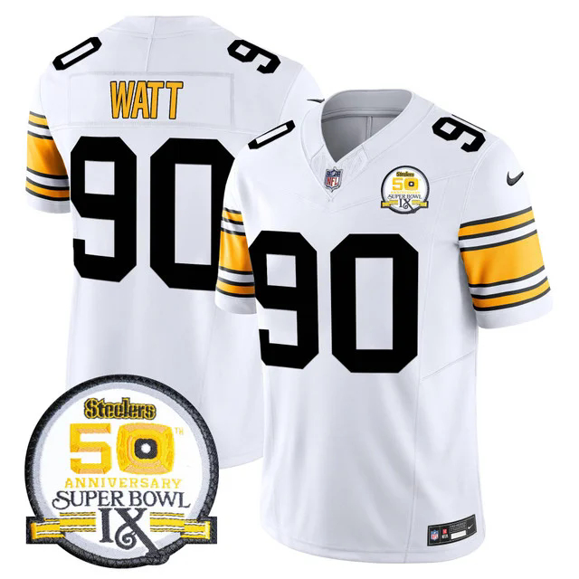Men's Steelers 50th Anniversary Of Super Bowl IX Patch Vapor Limited Jersey WHITE 1975 #90 T.J. WATT.webp