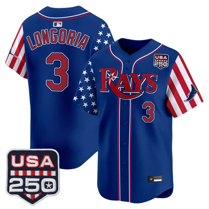 Men's Tampa Bay Rays America 250 Edition Vapor Premier Limited Jersey ROYAL #3 EVAN LONGORIA