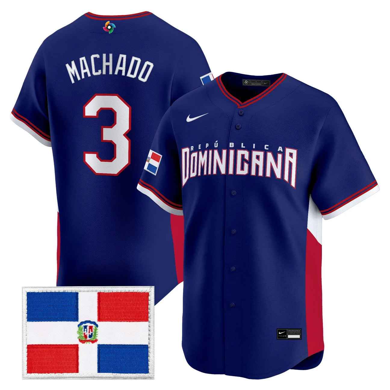 Men's Team Dominican Republic World Baseball Classic Vapor Premier Jersey BLUE #3 MANNY MACHADO