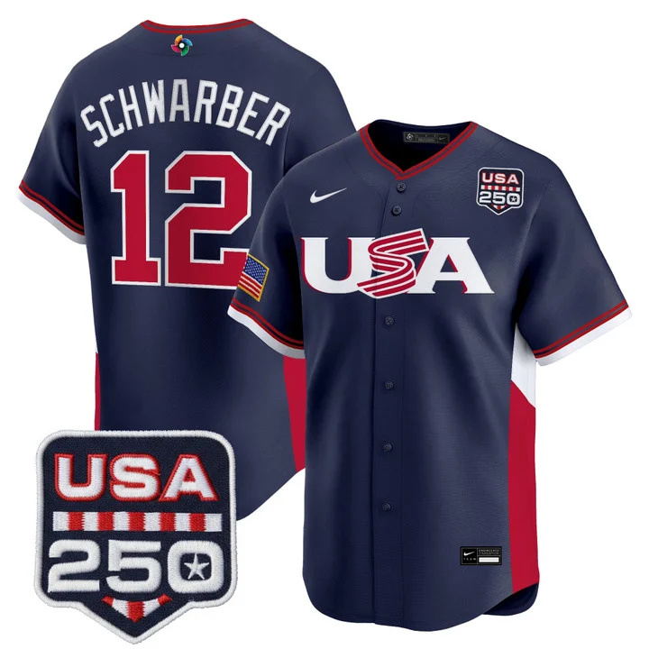 Men's Team USA World Baseball Classic 250America Patch Vapor Premier Jersey - 2026 Roster NAVY#12 KYLE SCHWARBER