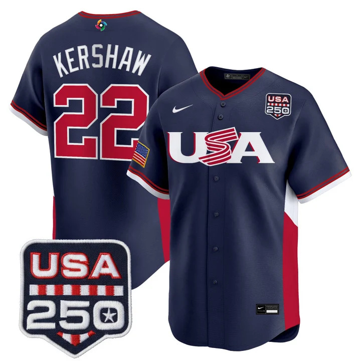 Men's Team USA World Baseball Classic 250America Patch Vapor Premier Jersey - 2026 Roster NAVY#22 CLAYTON KERSHAW