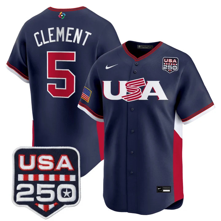Men's Team USA World Baseball Classic 250America Patch Vapor Premier Jersey - 2026 Roster NAVY#5 ERNIE CLEMENT