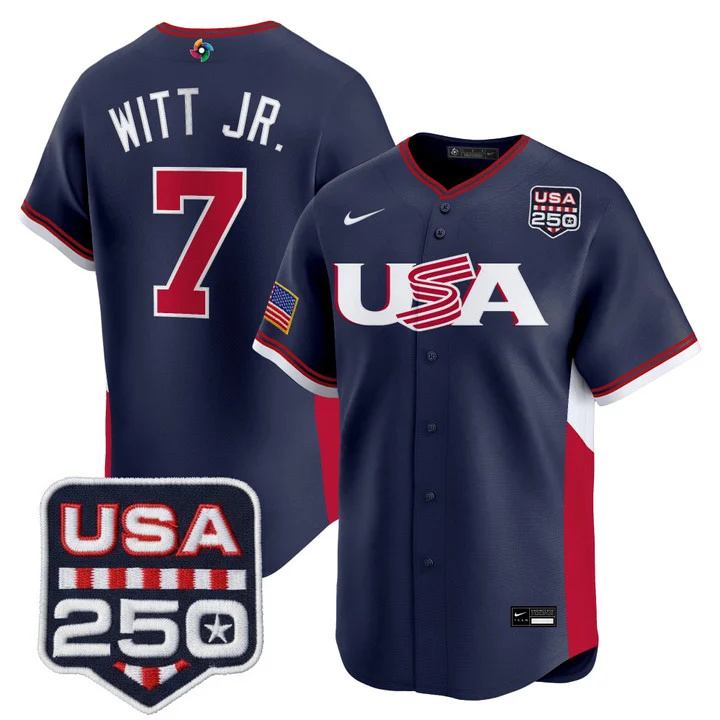 Men's Team USA World Baseball Classic 250America Patch Vapor Premier Jersey - 2026 Roster NAVY#7 BOBBY WITT JR.