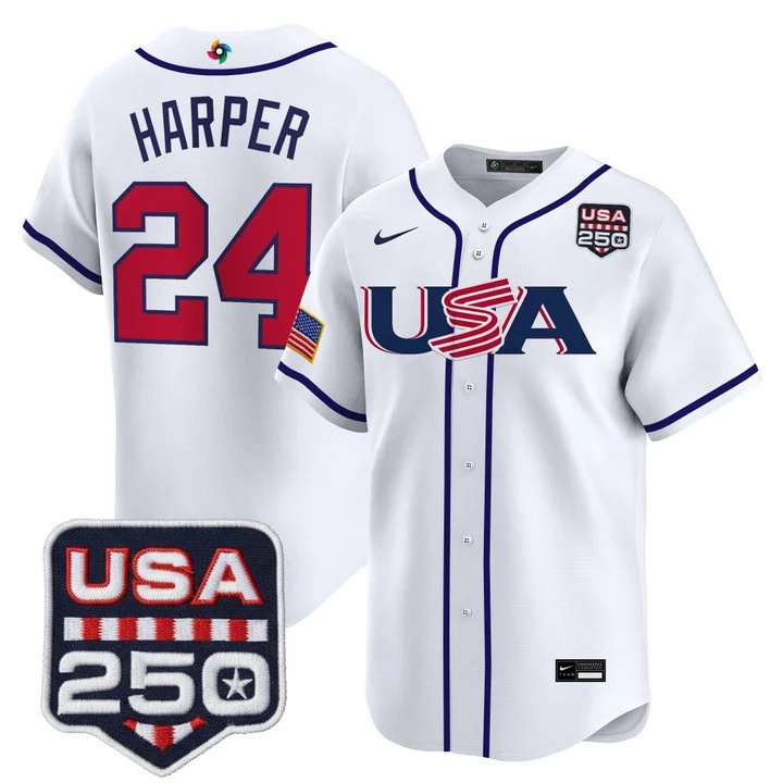 Men's Team USA World Baseball Classic 250America Patch Vapor Premier Jersey - 2026 Roster WHITE#24 BRYCE HARPER